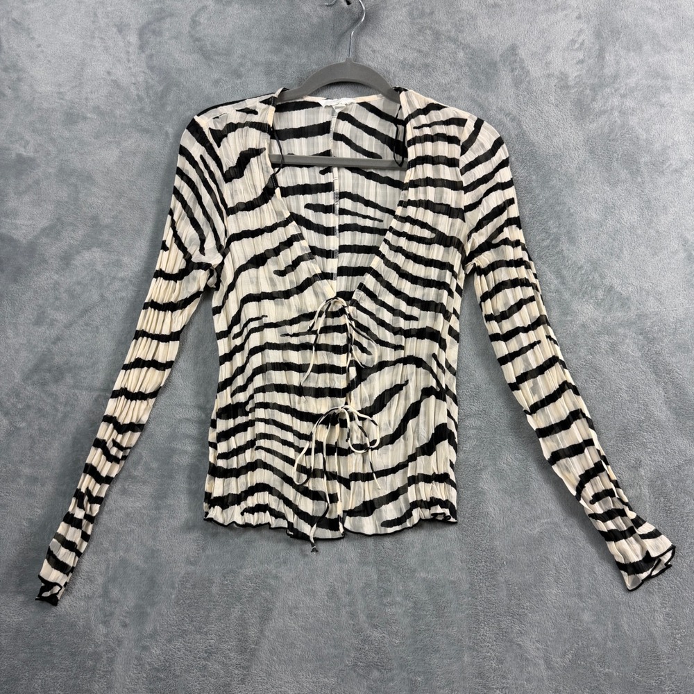 H&M Womens M Black White Zebra Sheer Layering Top Front Tie Plissé Y2K McBling